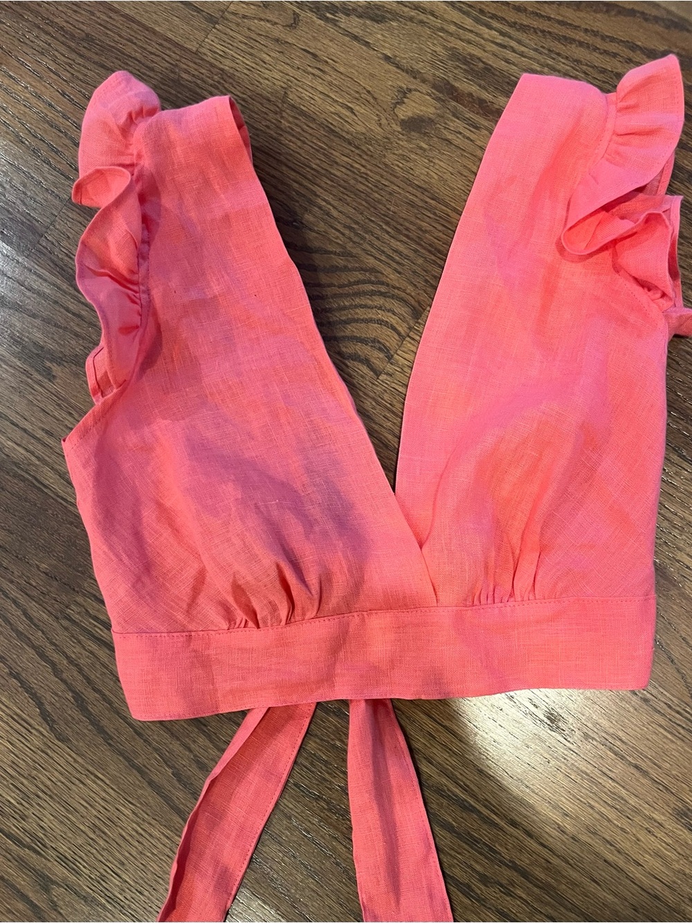 Louise Italy Coral-Pink Linen Ruffle Tie-Back Crop Top Sz S flirty sexy